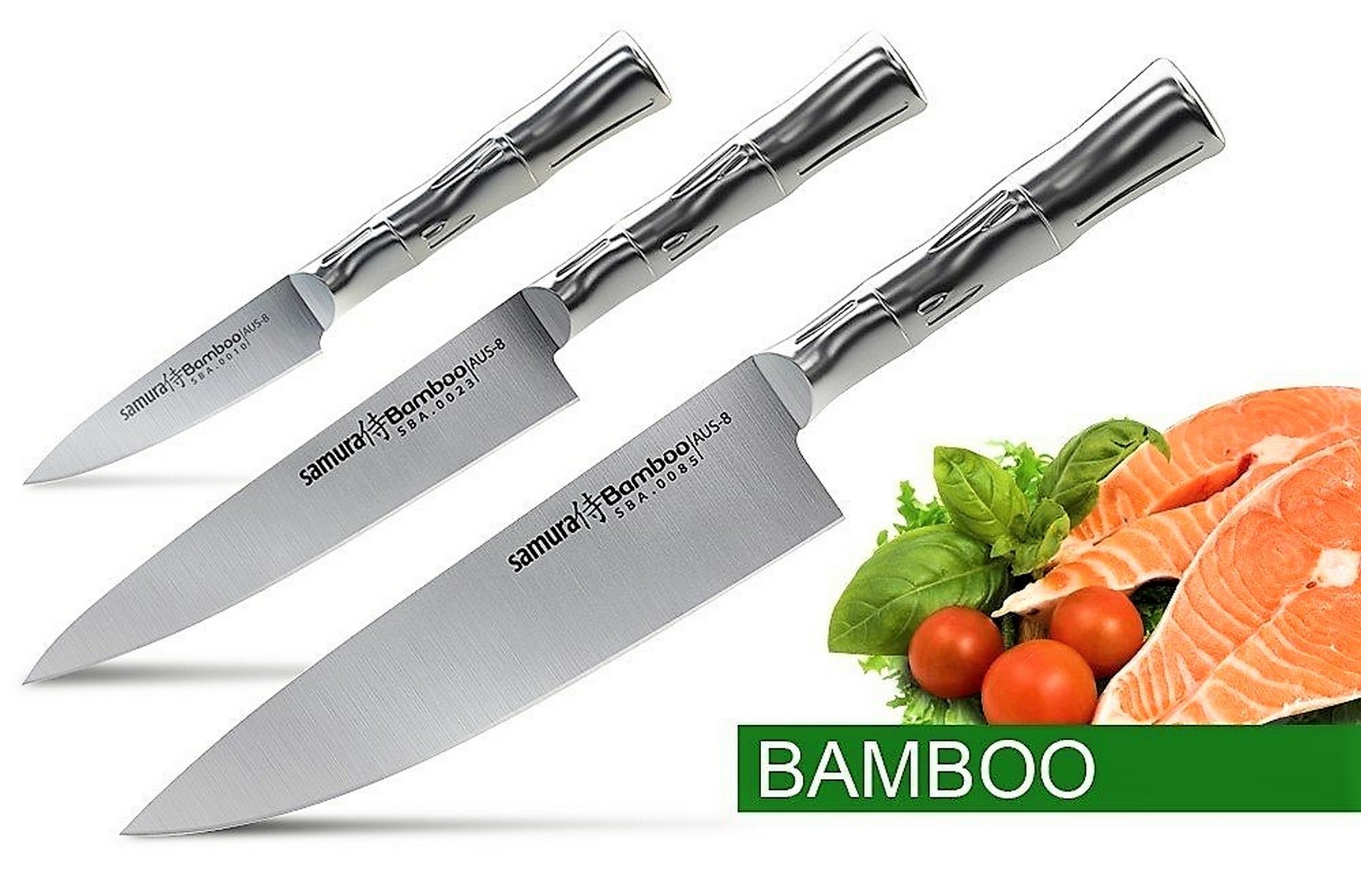 Küchenmesser Kochmesser SAMURA BAMBOO 3er-Set Profi Messer AUS-8 Stahl Vollmetall
